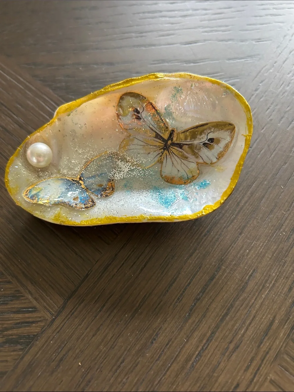 Handmade Butterfly Resin Trinket Dish Shell Pearl Set Accents NWOT